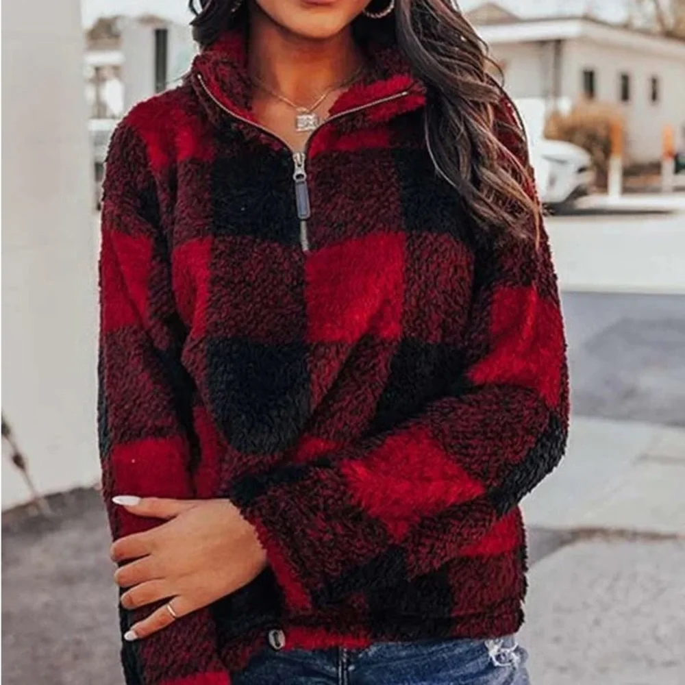 Buffalo plaids red black women Sherpa fleece fur sweater tops